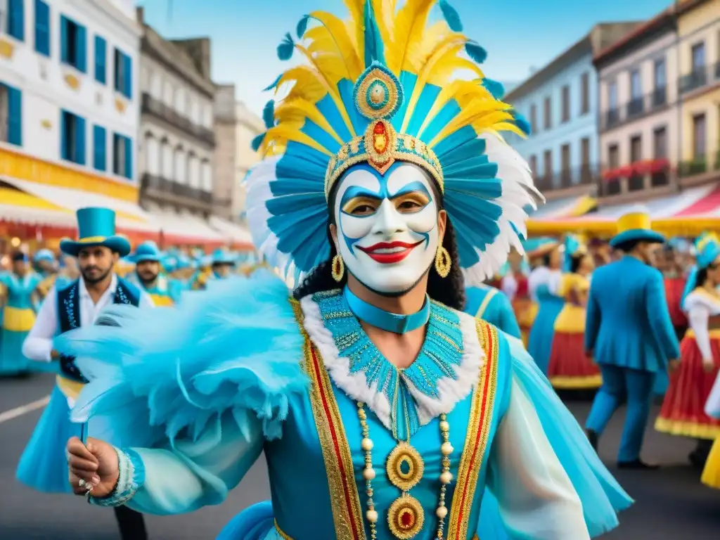 Un vibrante desfile del Carnaval Uruguayo con trajes coloridos, música alegre y paisajes sostenibles