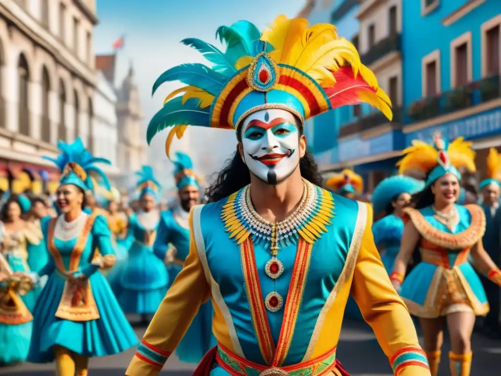 Un vibrante desfile de carnaval en Uruguayo capturado en una intrincada pintura acuarela