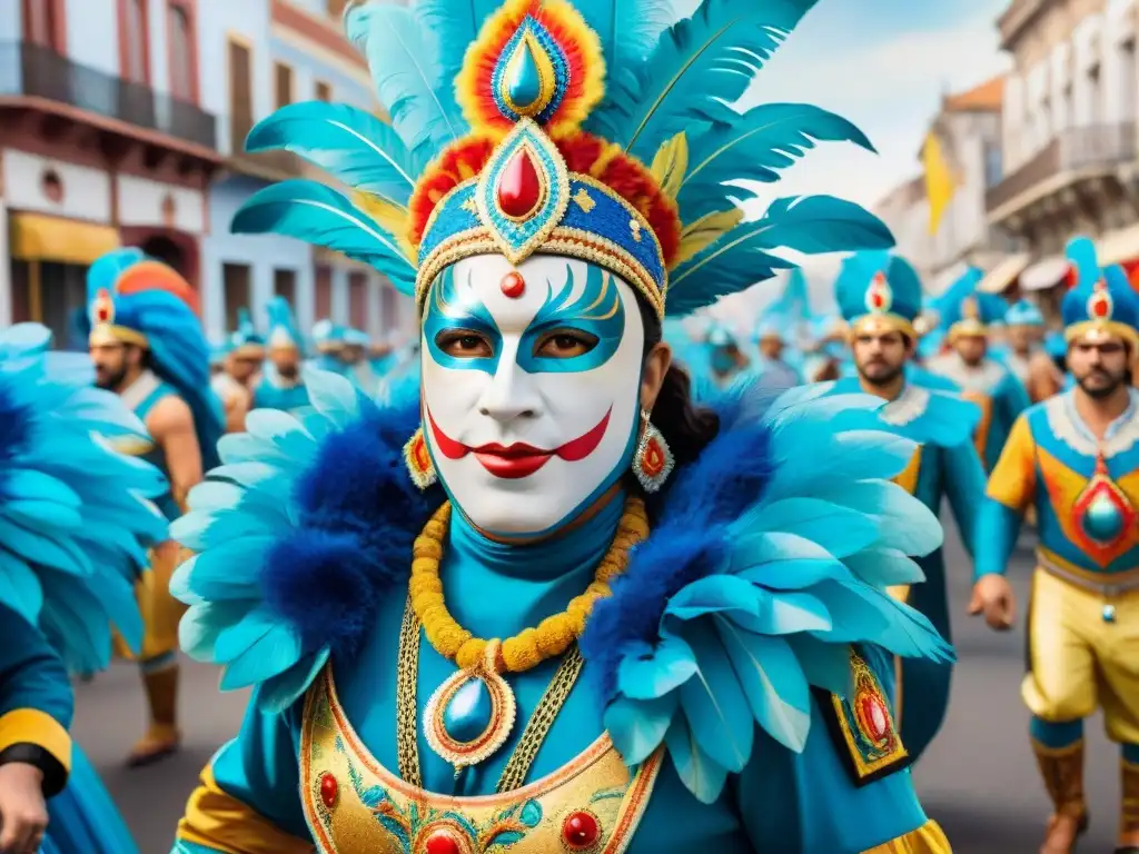 Vibrante desfile de Carnaval Uruguayo, lleno de coloridos trajes y música tradicional