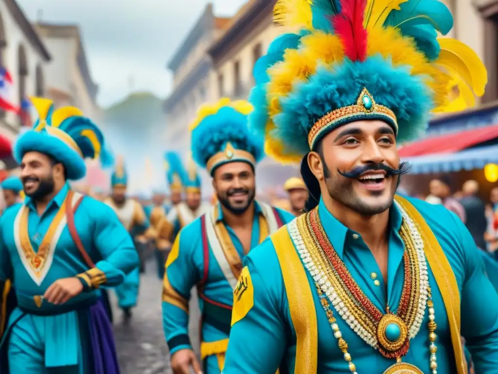 Vibrante desfile del Carnaval Uruguayo en vivo con trajes coloridos y música tradicional