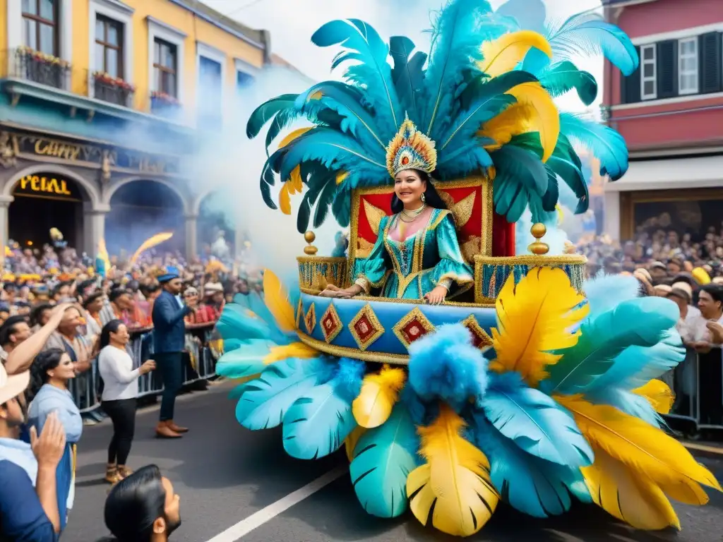 Un vibrante desfile de Carnaval Uruguayo con carroza colorida, plumas y espectadores alegres