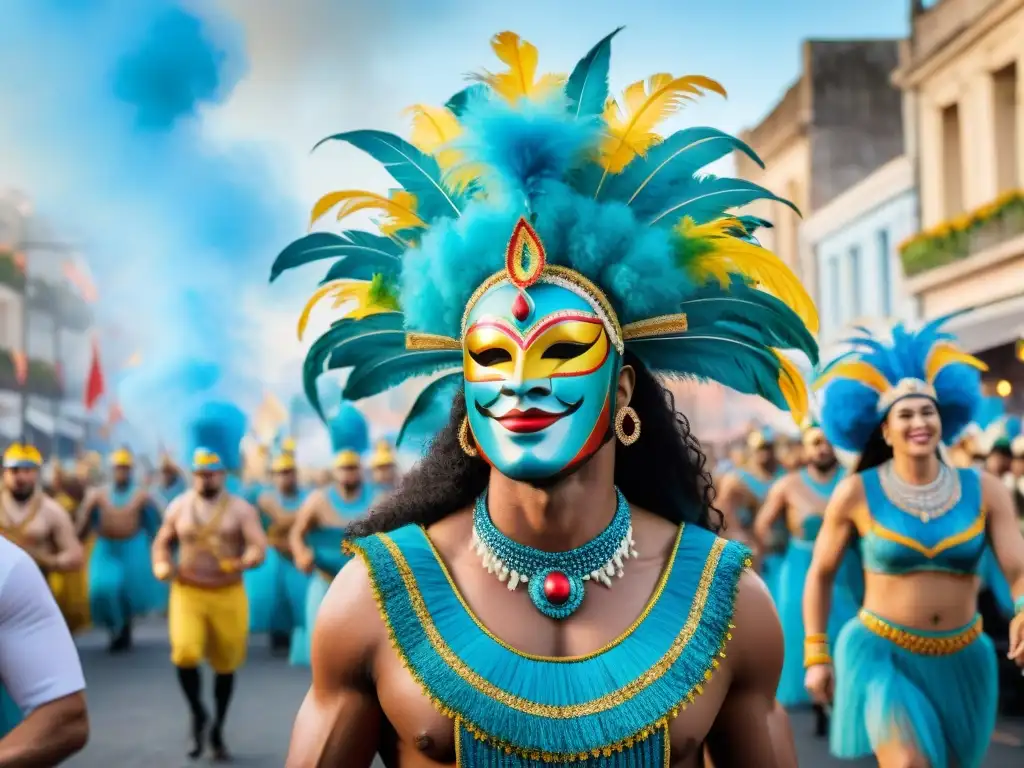 Vibrante desfile del Carnaval Uruguayo en el mundo, con danzas y carros coloridos