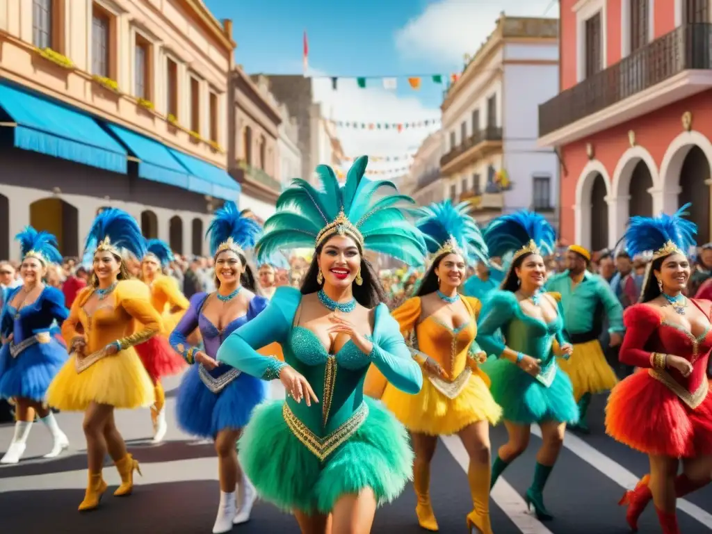 Un vibrante desfile de Carnaval Uruguayo capturado en una detallada acuarela