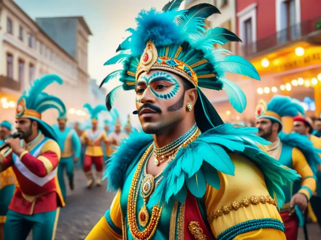 Un vibrante desfile de Carnaval Uruguayo con bailarines y carros alegóricos, capturando la energía del fenómeno global