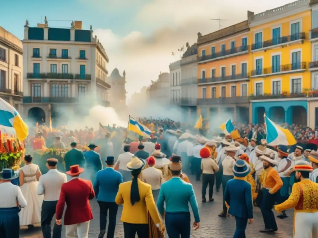 Vibrante desfile de Carnaval Uruguayo con trajes coloridos, carros alegóricos y artistas entusiastas bailando al ritmo de la música tradicional