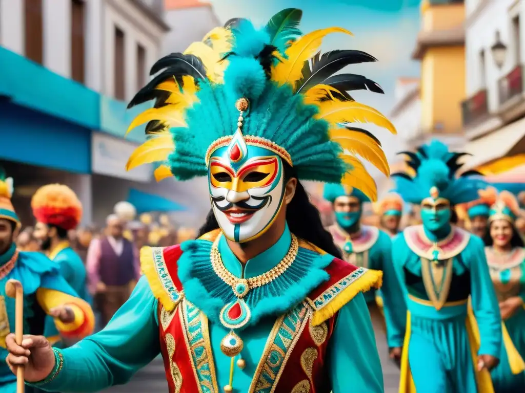 Un vibrante desfile de Carnaval Uruguayo con coloridos trajes y máscaras tradicionales