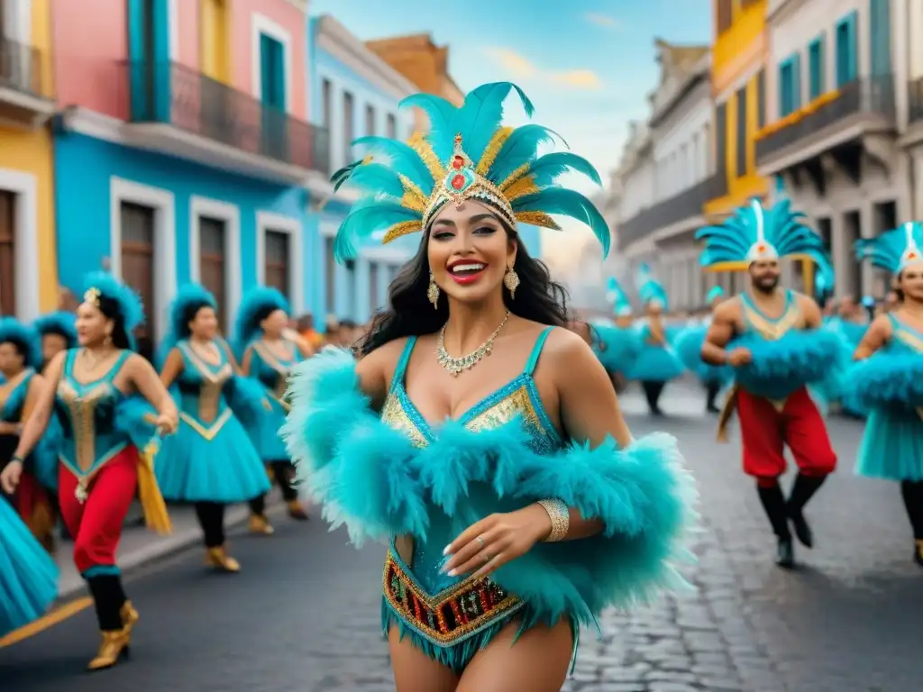 Vibrante desfile de Carnaval Uruguayo, historia y tradición en pintura acuarela con danzas y colores festivos