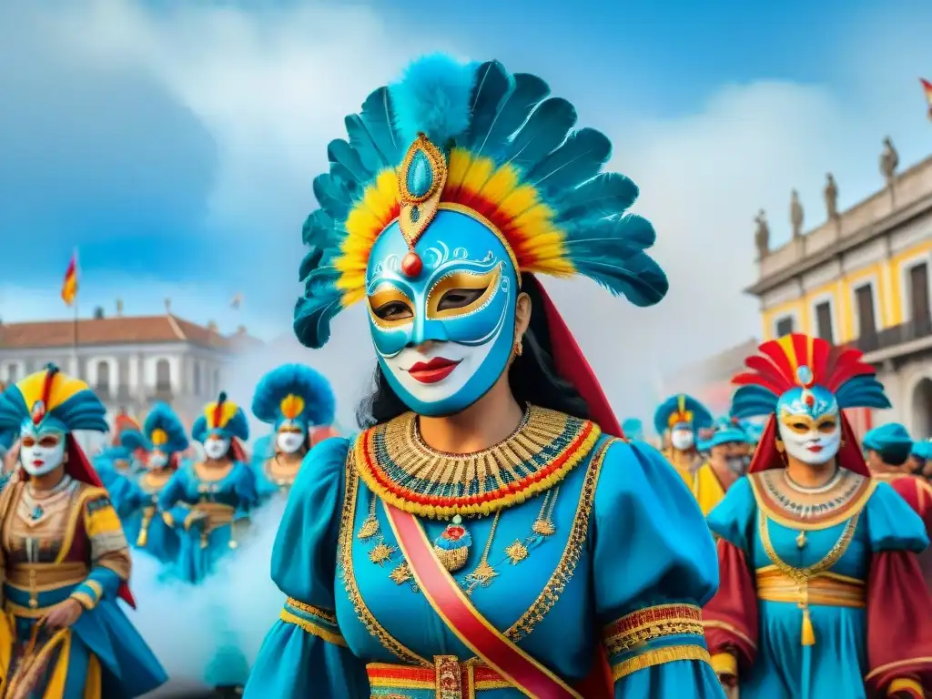 Vibrante desfile de Carnaval Uruguayo con bailarines y máscaras tradicionales, en un escenario colonial bajo cielo azul