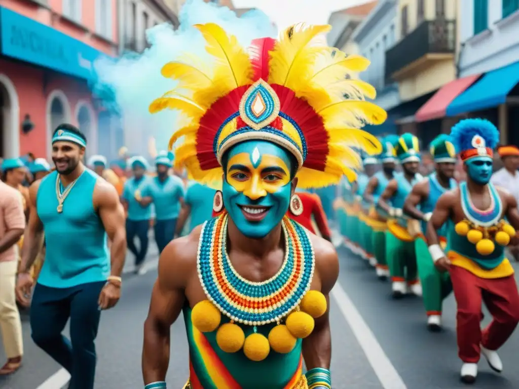 Un vibrante desfile de Carnaval Uruguayo festividades principales con trajes coloridos, música alegre y participantes bailando con alegría