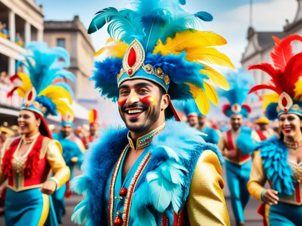 Un vibrante desfile del Carnaval Uruguayo con mensajes ocultos y parodias, lleno de alegría y color