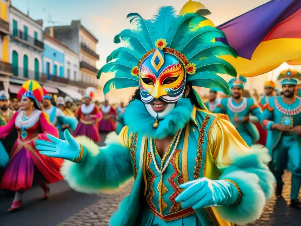 Vibrante desfile de Carnaval Uruguayo con coloridos trajes, máscaras intrincadas y bailarines, evocando la historia marca Carnaval Uruguayo