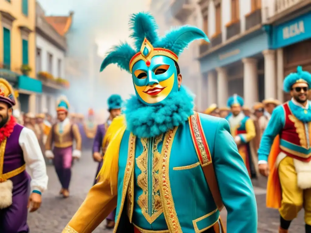 Un vibrante desfile de Carnaval Uruguayo con trajes coloridos, máscaras intrincadas y música alegre