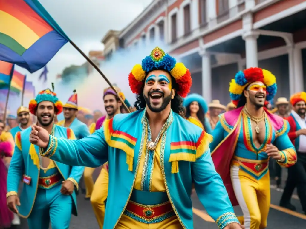 Un vibrante desfile de comparsas LGBT+ en el Carnaval Uruguayo, con colores y alegría desbordante