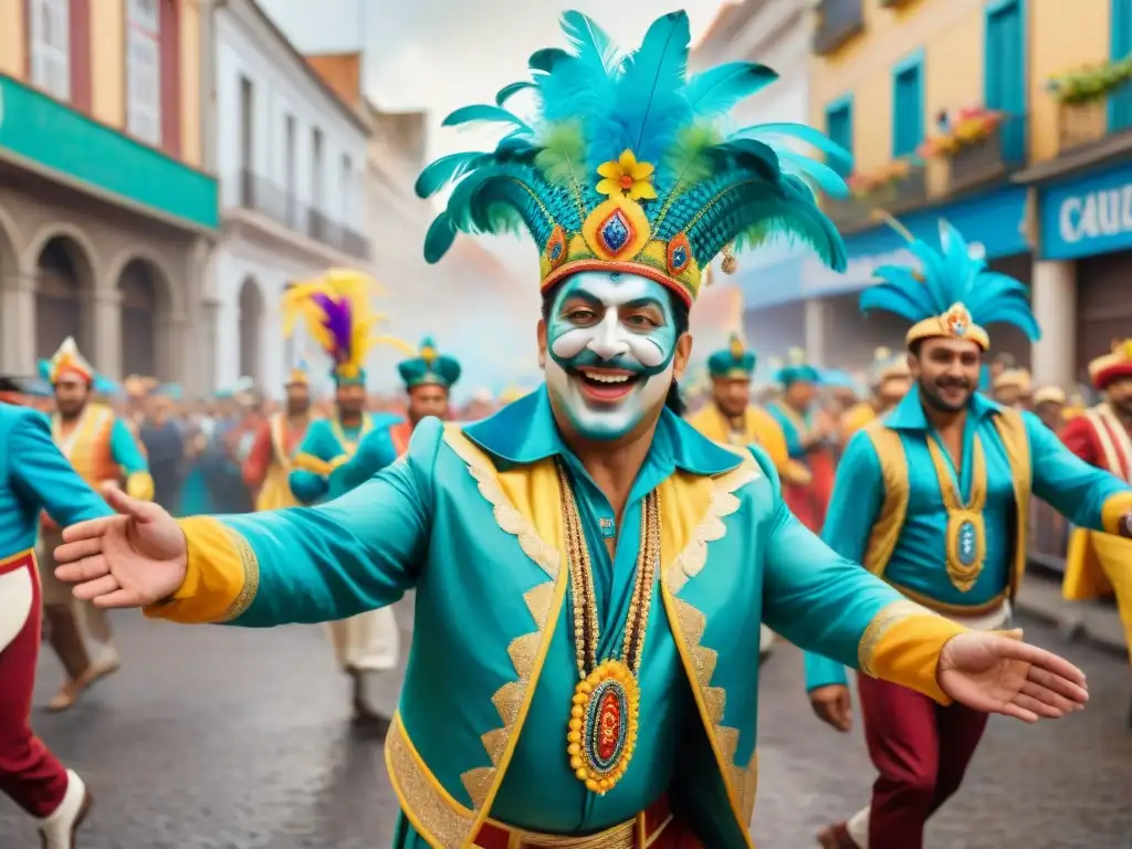 Un vibrante desfile del Carnaval Uruguayo con coloridos trajes y energía festiva