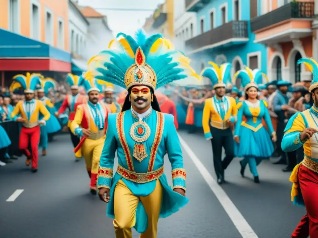 Vibrante desfile de Carnaval Uruguayo con bailarines, música y espectadores entusiastas