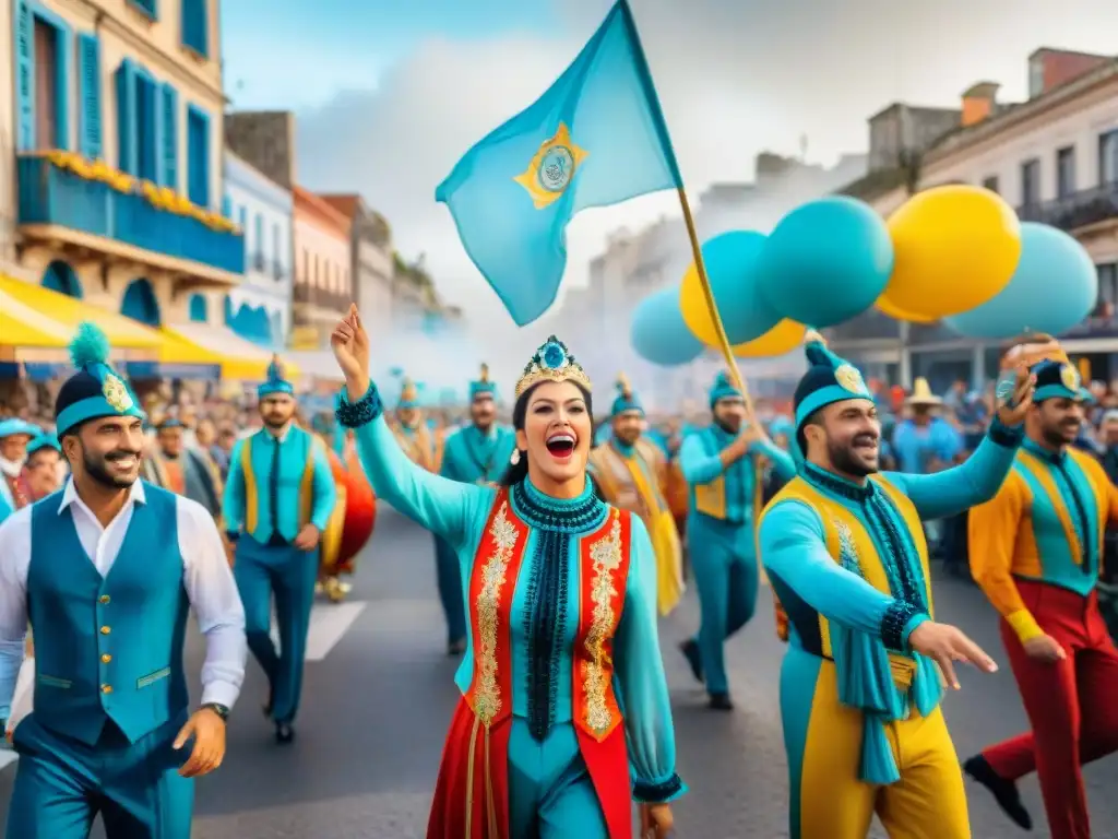 Vibrante desfile de Carnaval Uruguayo con carrozas coloridas y bailarines alegres, ideal para merchandising ediciones limitadas