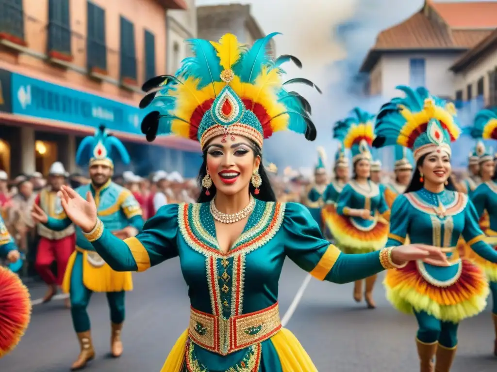 Vibrante desfile del Carnaval Uruguayo con trajes detallados ricos en significado cultural