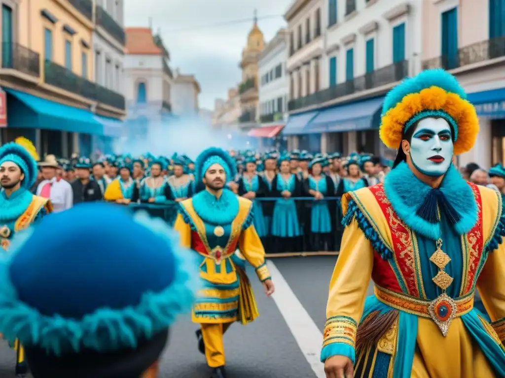 Un vibrante desfile del Carnaval Uruguayo fusionando tradición y moda con carros alegóricos y trajes coloridos