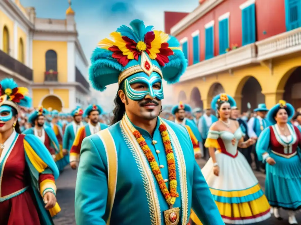 Un vibrante desfile de Carnaval Uruguayo con trajes y máscaras elaboradas, en un escenario histórico