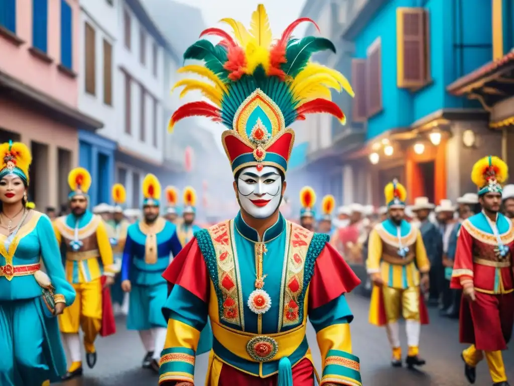 Vibrante desfile del Carnaval Uruguayo, combinando trajes y accesorios en escena colorida