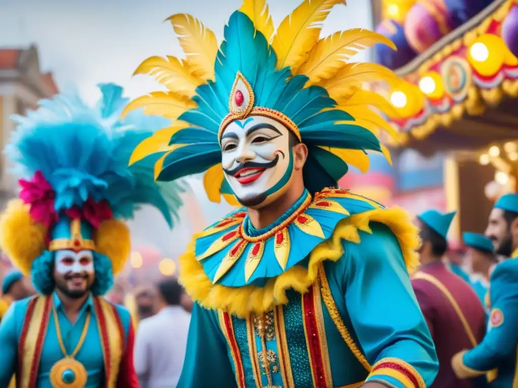 Un vibrante desfile de Carnaval uruguayo, con trajes tradicionales y carrozas coloridas