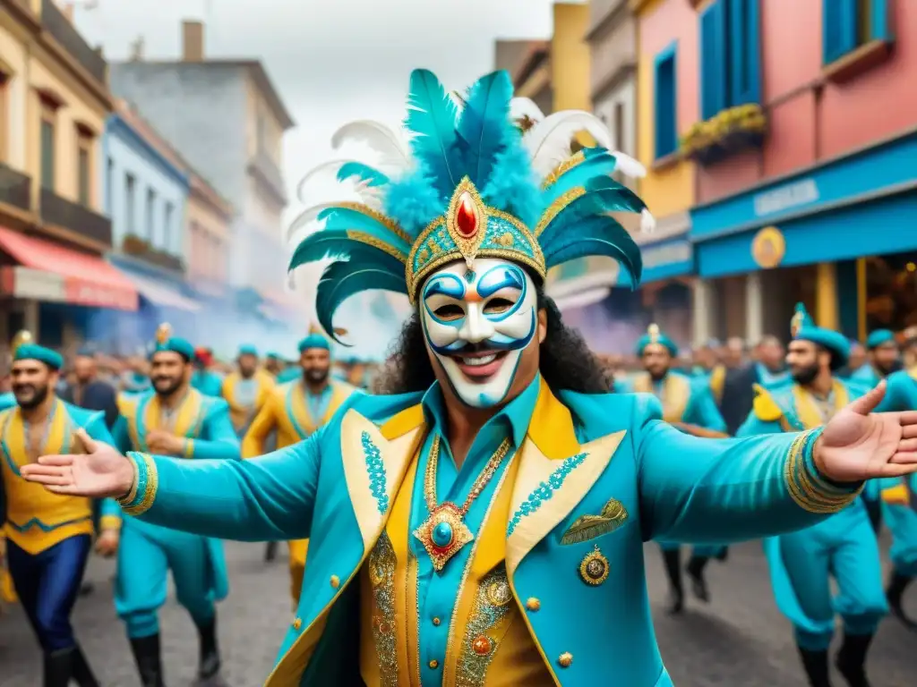 Vibrante desfile del Carnaval Uruguayo con floats coloridos y bailarines en trajes elaborados, coberturas seguro viaje Carnaval Uruguayo