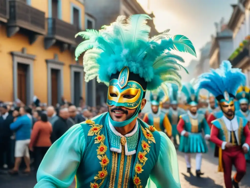 Un vibrante desfile del Carnaval Uruguayo en realidad aumentada, con coloridos trajes y música festiva