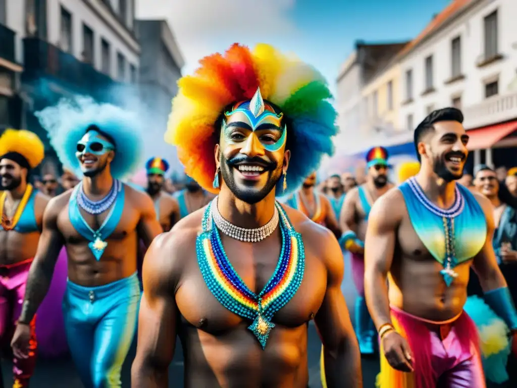 Comparsas LGBT+ en vibrante desfile de Carnaval Uruguayo, celebrando diversidad y unidad con coloridos trajes y banderas arcoíris