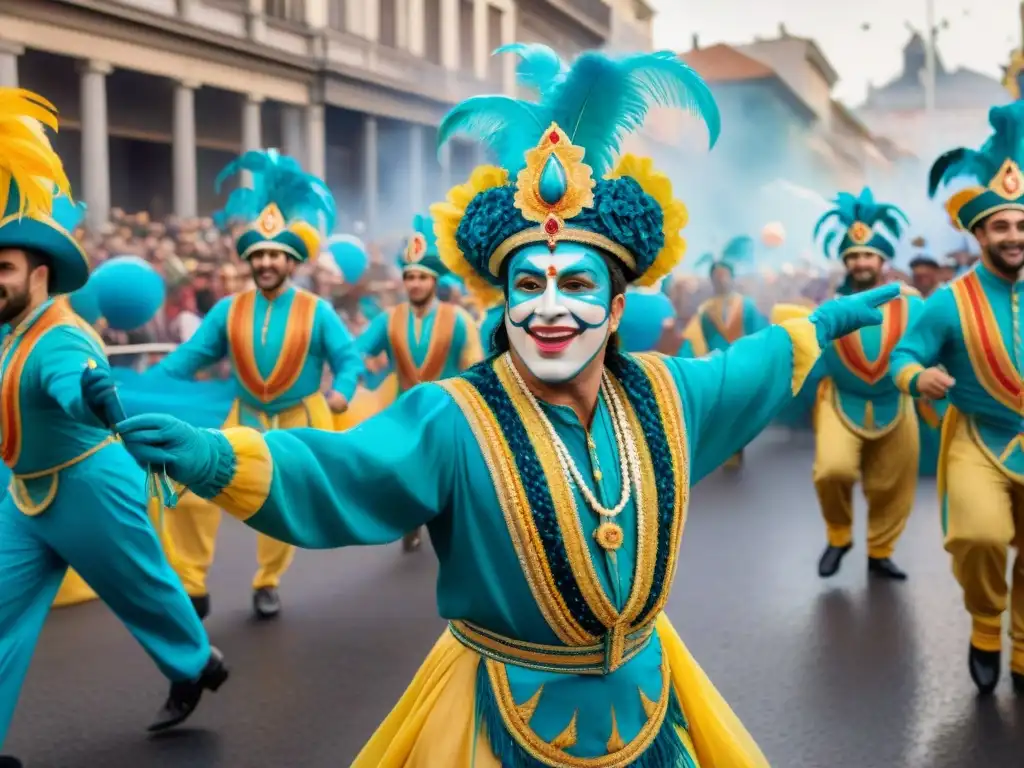 Vibrante desfile del Carnaval Uruguayo: bailarines, música, coloridos carros y espectadores animados