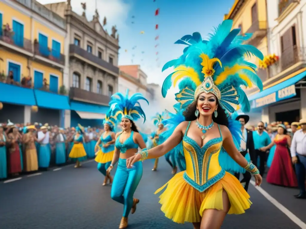 Un vibrante desfile de Carnaval Uruguayo con bailarines, música y coloridos adornos