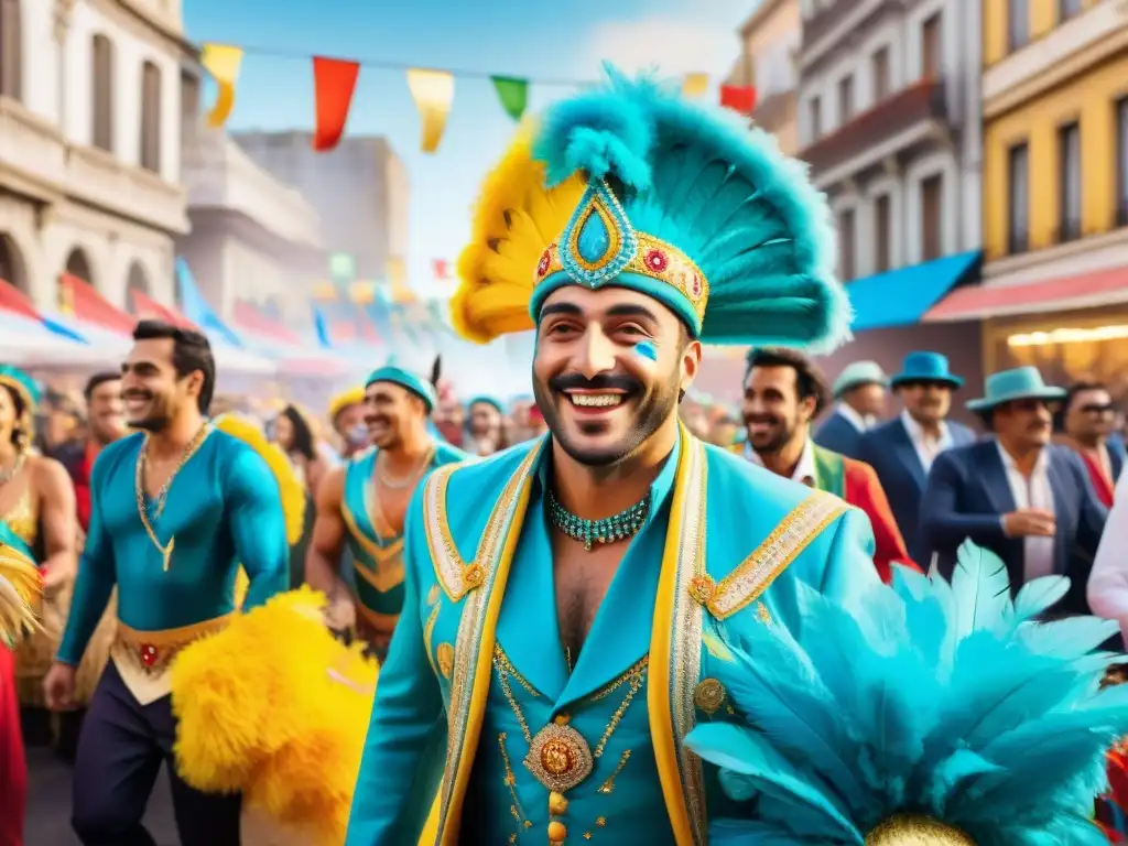 Un vibrante desfile de Carnaval en Uruguay con viajeros sonrientes y coloridos disfraces