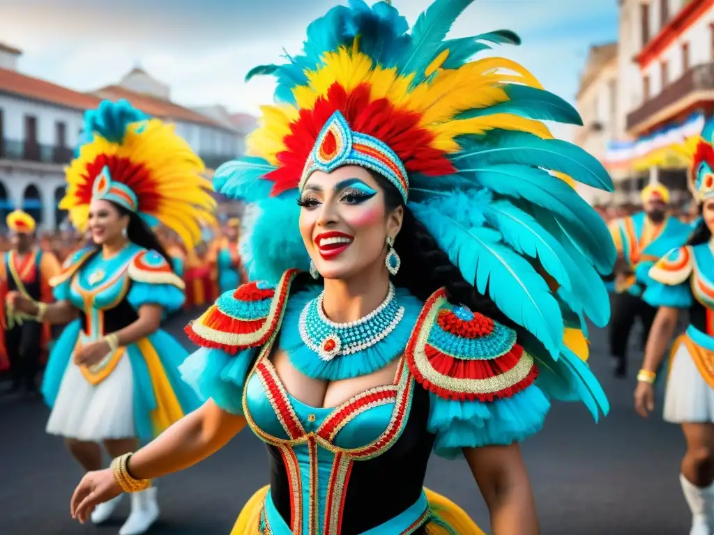 Un vibrante desfile de comparsas en el Carnaval Uruguayo, reflejando resistencia cultural y celebración