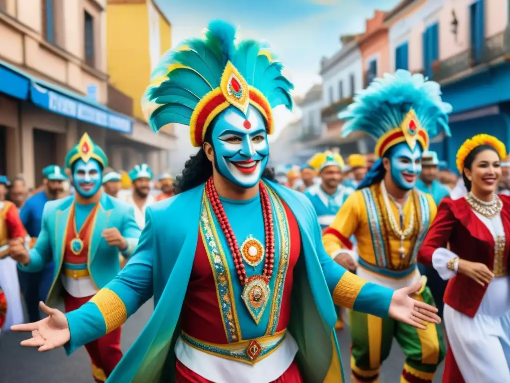 Un vibrante desfile del legendario Carnaval Uruguayo, con coloridos trajes y energéticos bailarines