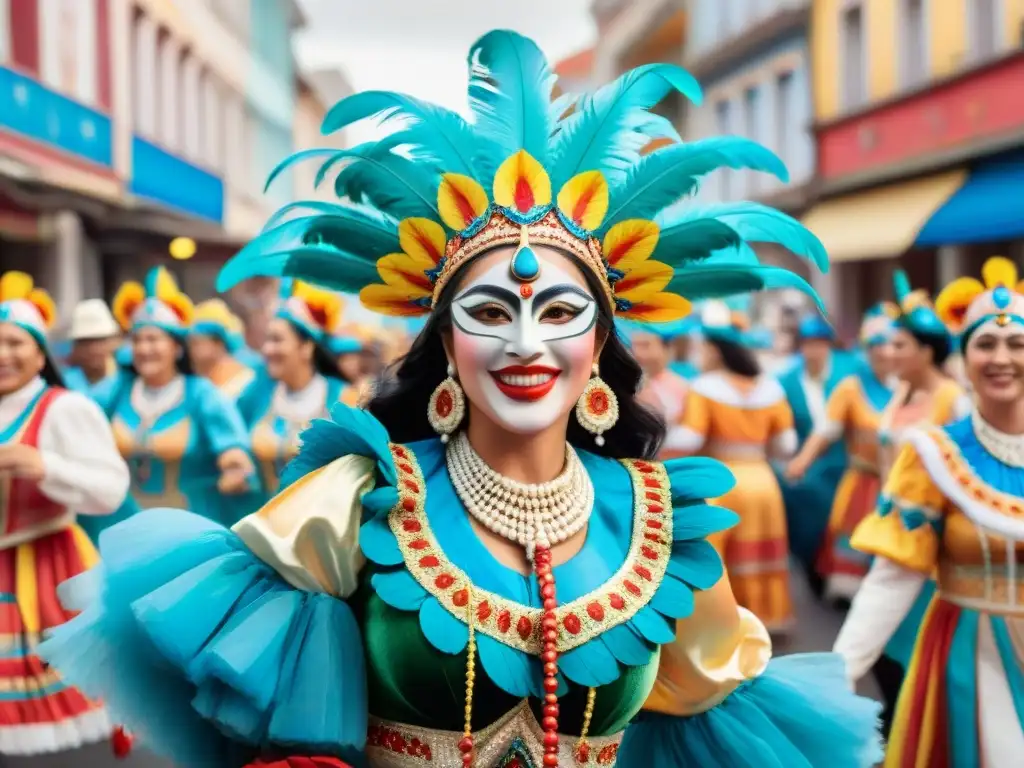 Un vibrante desfile de Mujeres en el Carnaval Uruguayo, luciendo trajes coloridos y danzando con alegría entre espectadores aplaudiendo