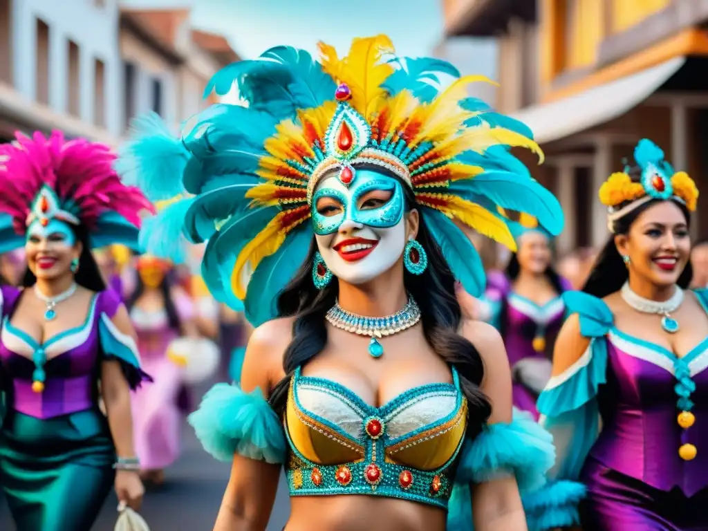 Un vibrante desfile de mujeres líderes en Carnaval Uruguayo, danzando alegremente con trajes coloridos y mascaras elaboradas