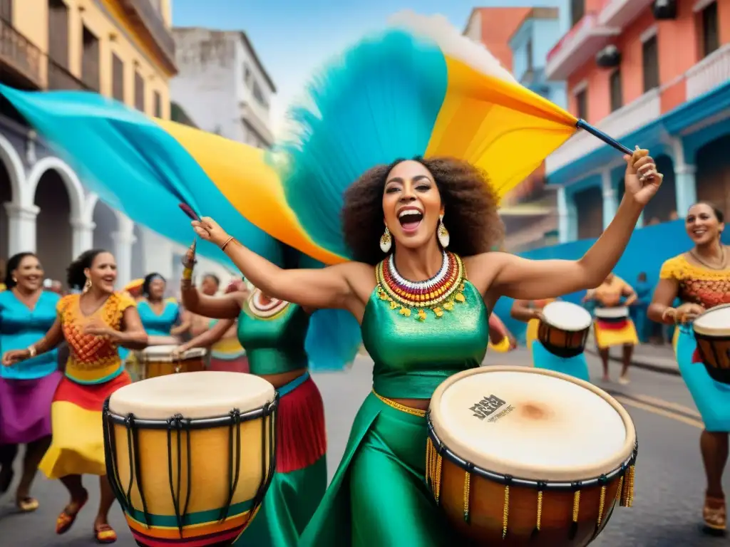 Un vibrante desfile de mujeres tocando tambores en el Candombe Uruguayo, expresando pasión y empoderamiento