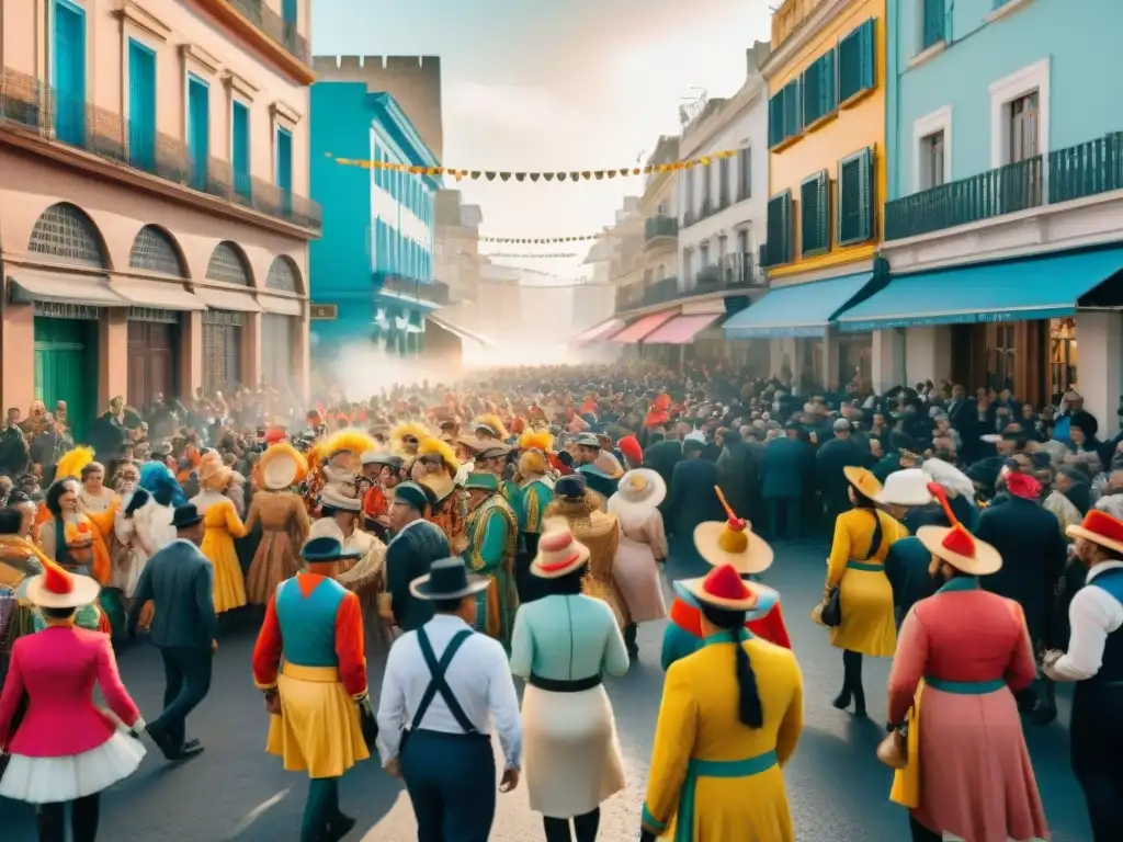 Un vibrante desfile de parodistas uruguayos en Montevideo durante el carnaval, mostrando su talento oculto