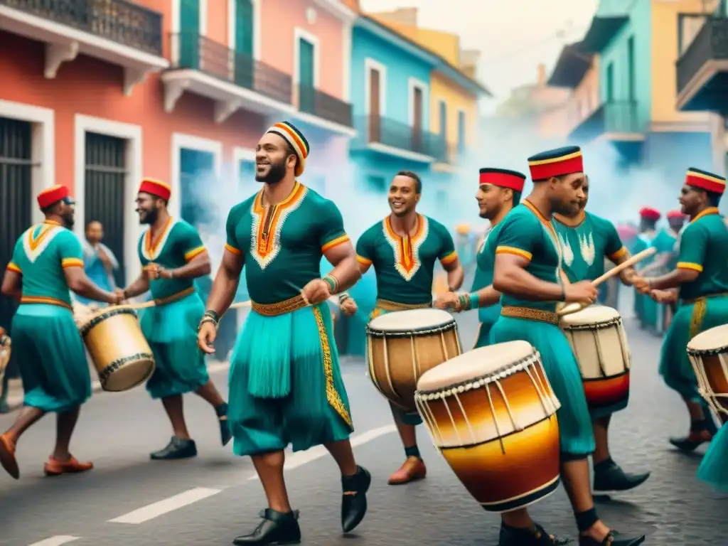 Un vibrante desfile de tambores Candombe, con sus trajes coloridos y energía palpable