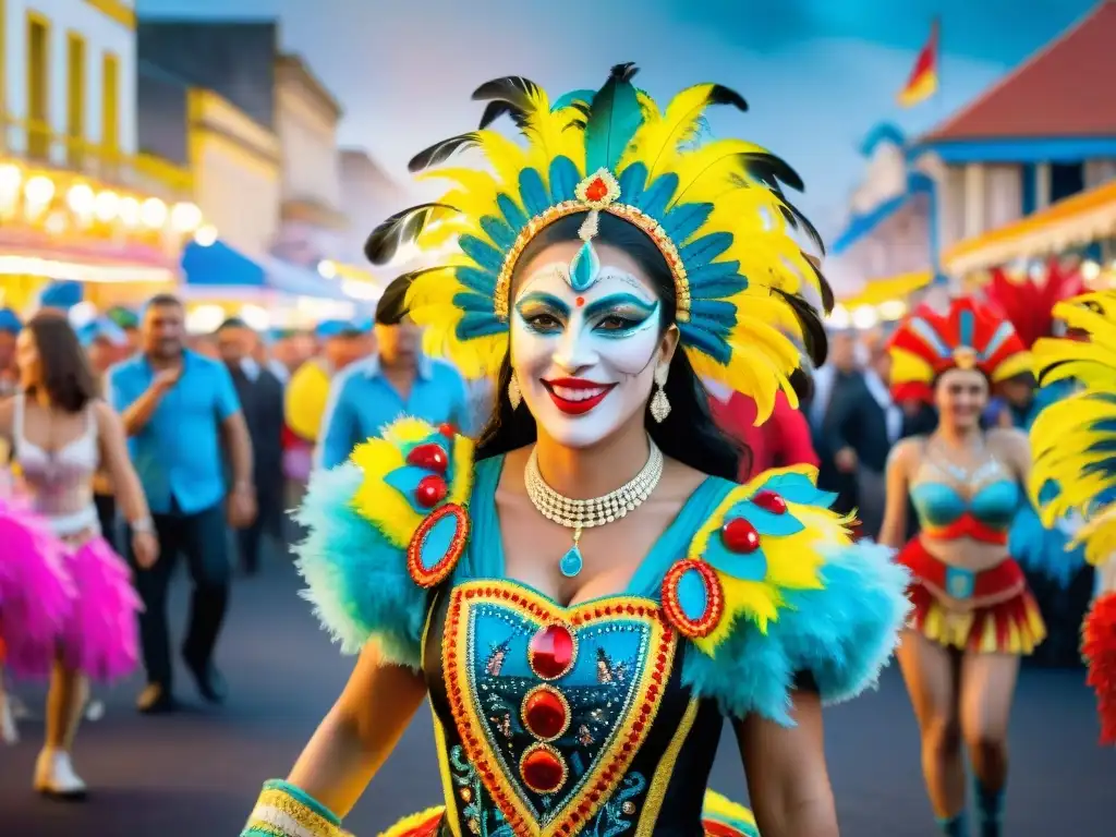 Vibrante ilustración detallada en acuarela del Carnaval Uruguayo con trajes tradicionales y tecnología en movimiento