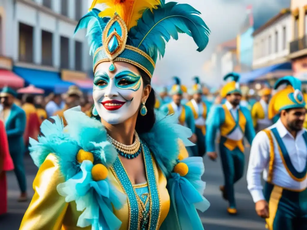 Vibrante ilustración detallada en acuarela del Carnaval Uruguayo, capturando momentos espontáneos únicos