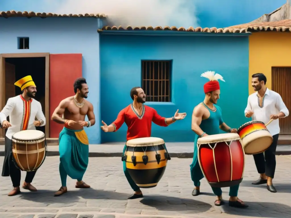 Vibrante ilustración detallada en acuarela de un Taller de candombe en Uruguay, con tambores, trajes coloridos y baile energético