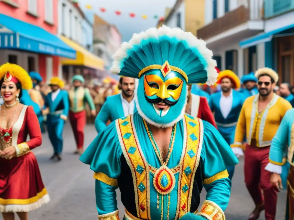 Vibrante ilustración detallada de Carnaval en Uruguay, con carrozas, danzantes y espectadores