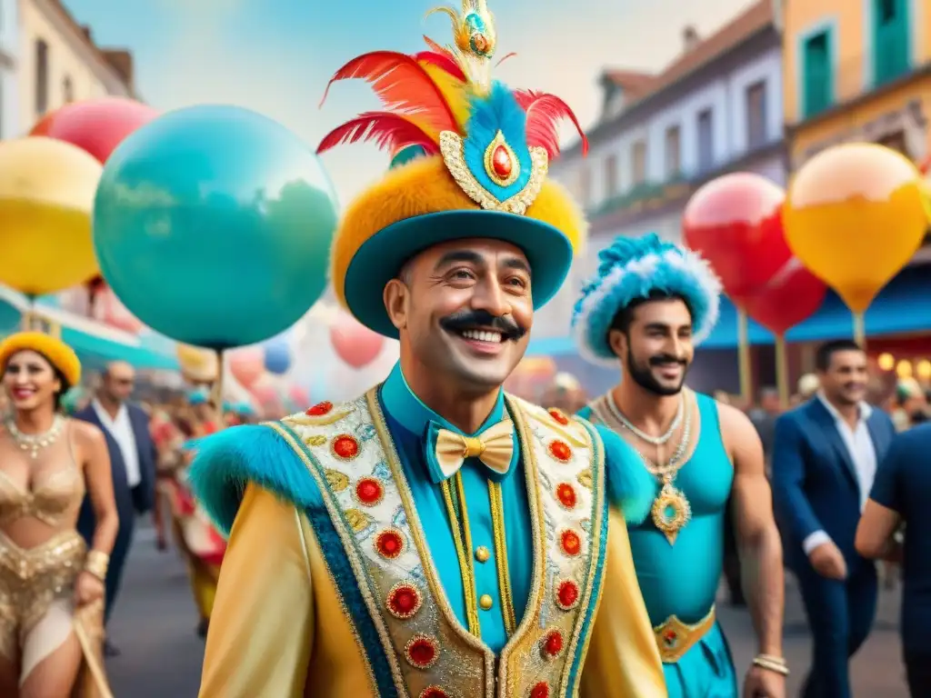 Un vibrante y detallado acuarela de veteranos parodistas compartiendo consejos con jóvenes talentos en el Carnaval Uruguayo