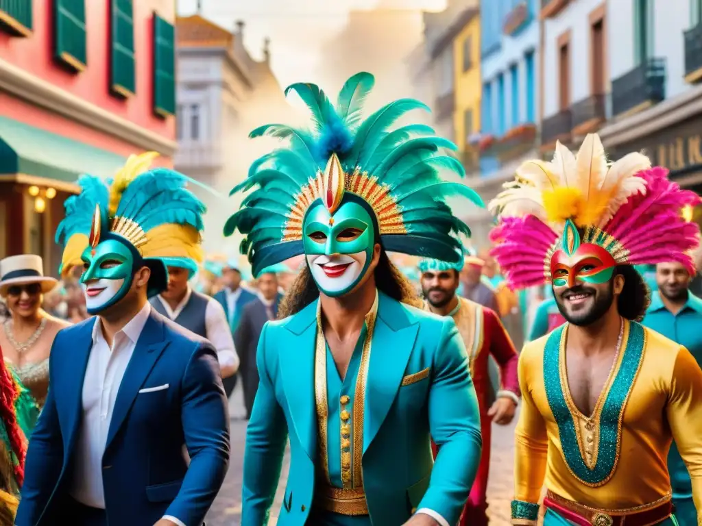 Un vibrante y detallado carnaval en Montevideo, mostrando personas de todas las edades con trajes coloridos y elaborados