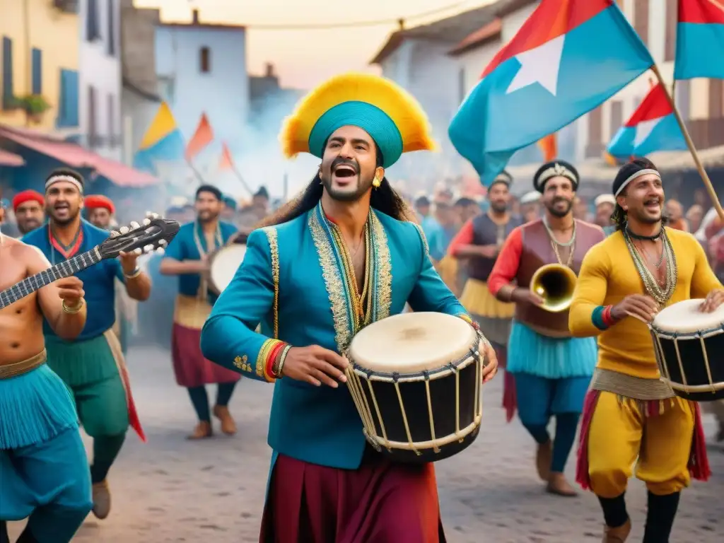 Un vibrante dibujo de acuarela de una banda de murga en Uruguay con músicos tocando instrumentos como bombos, redoblantes y platillos