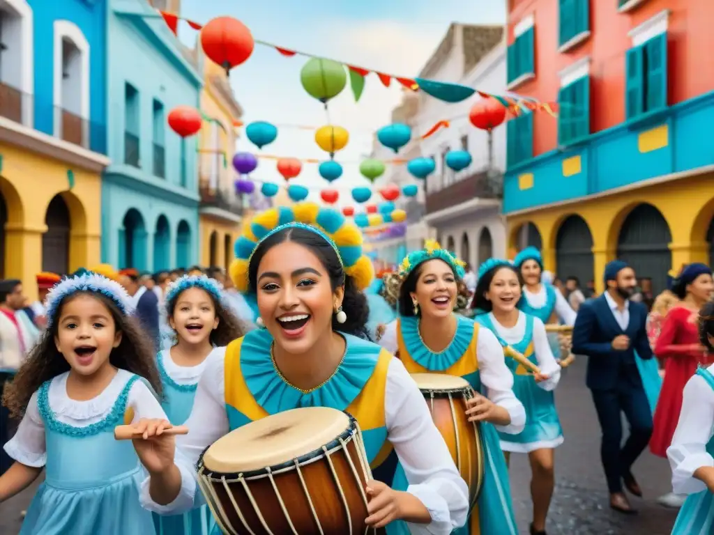 Un vibrante dibujo acuarela de niños tocando instrumentos de carnaval uruguayo, rodeados de streamers y confeti, en Montevideo