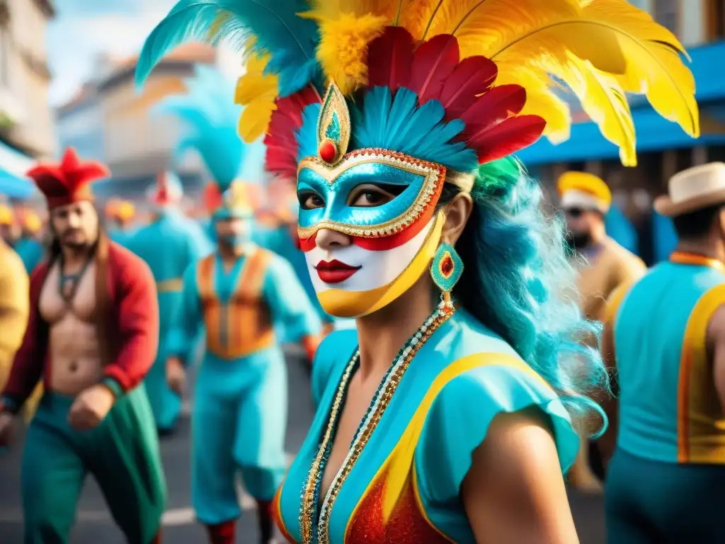 Una ilustración acuarela vibrante de diseñadores emergentes en el Carnaval Uruguayo, con detalles coloridos y festivos