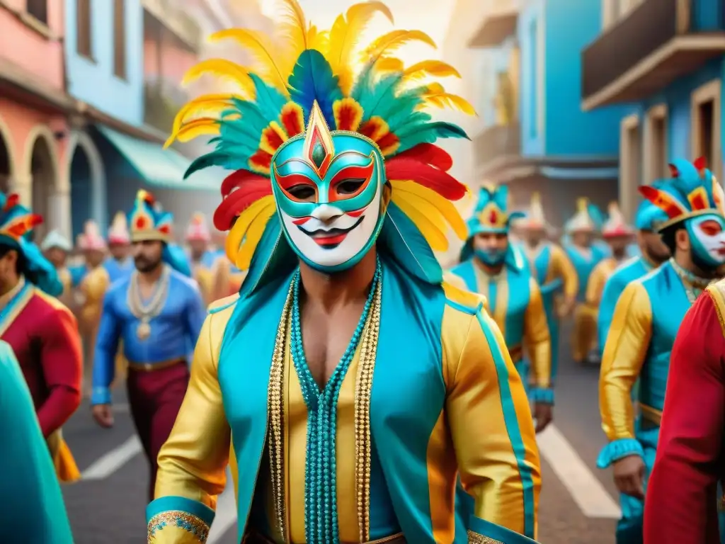 Vibrante diseño en el Carnaval Uruguayo: desfile colorido de máscaras, músicos y carrozas al atardecer