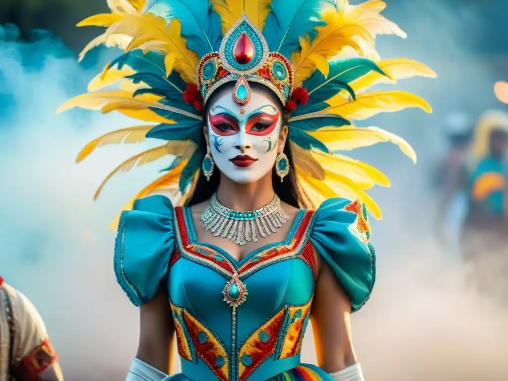 Un vibrante diseño de traje de carnaval uruguayo con motivos tradicionales y colores brillantes