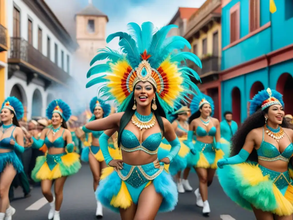 Vibrante diseño de vestuario Carnaval Uruguayo, diversidad y alegría en desfile callejero